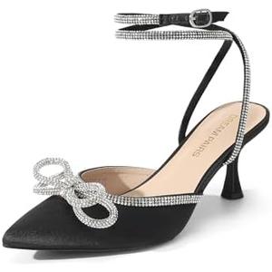 DREAM PAIRS Kitten Heels Rhinestone Bow Ankle Strap Stiletto Pointed Closed Toe Heels for Women Pumps Wedding Bridal Party Dress Shoes Size 8