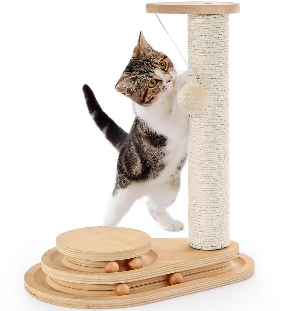 Made4Pets Cat Scratching Post Cat Scratcher Kitten Toys for Indoor Cats Wooden Ball Track TwoLayer Modern Sisal 17.7" Tall Scratch Post Interactive Toy with Dangling Ball