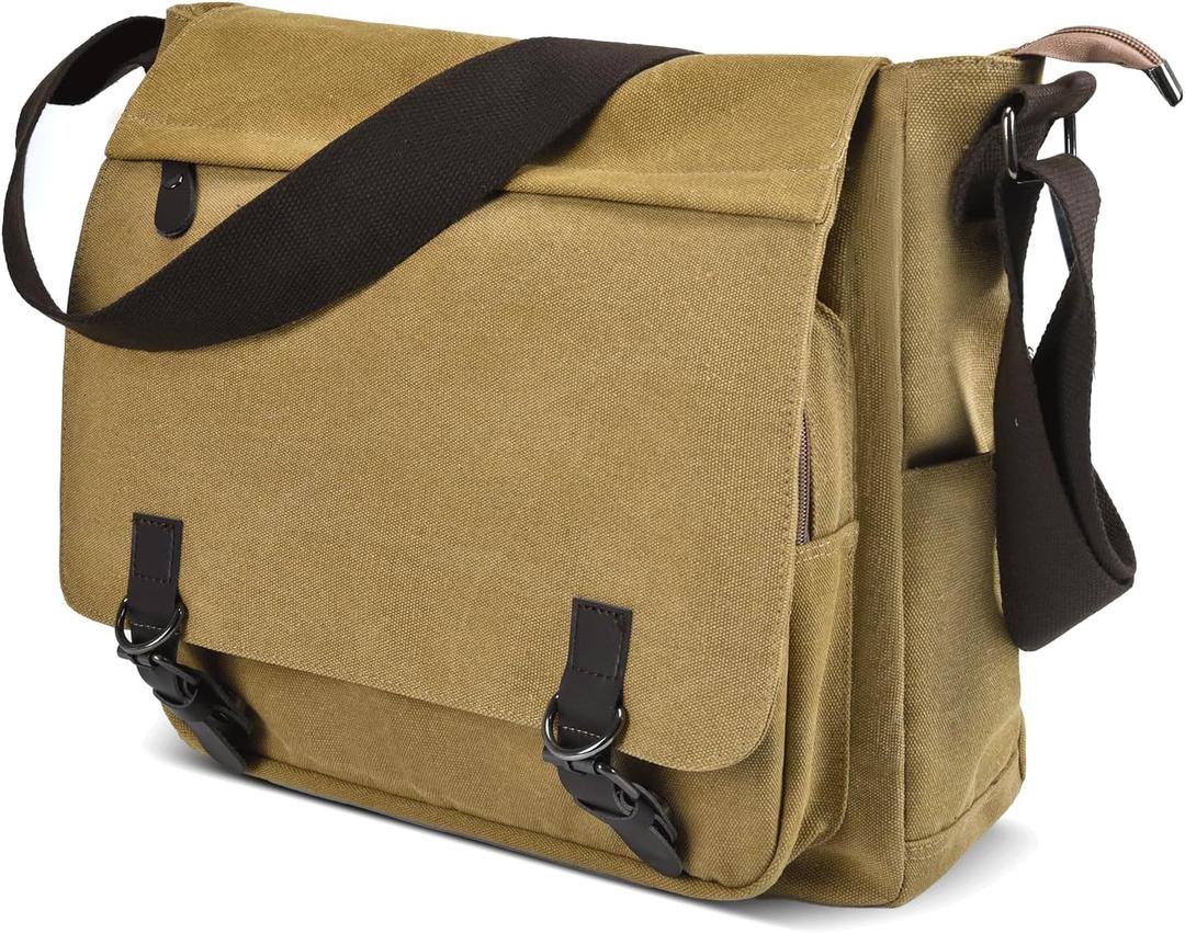 Canvas Vintage Messenger Bag Shoulder bag Large Travel Crossbody bags for Men Women 14 inch Laptop Bag Bookbag Work (Khaki)