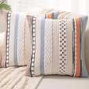 WANLIRD Boho Throw Pillow Covers 18x18 Set of 2 Farmhouse Decorative Cushion Case Striped Square Pillows Cover Chenille Pillow Cases Accent Neutral Pillowcase for Sofa Couch Bed, Orange-Blue