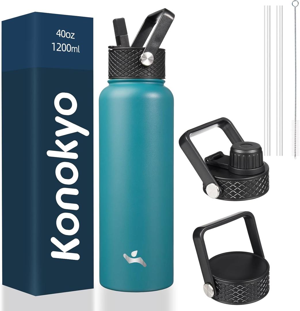 40oz Insulated Water Bottle Stainless Steel Sport Bottles with 3 Lids,Light Blue