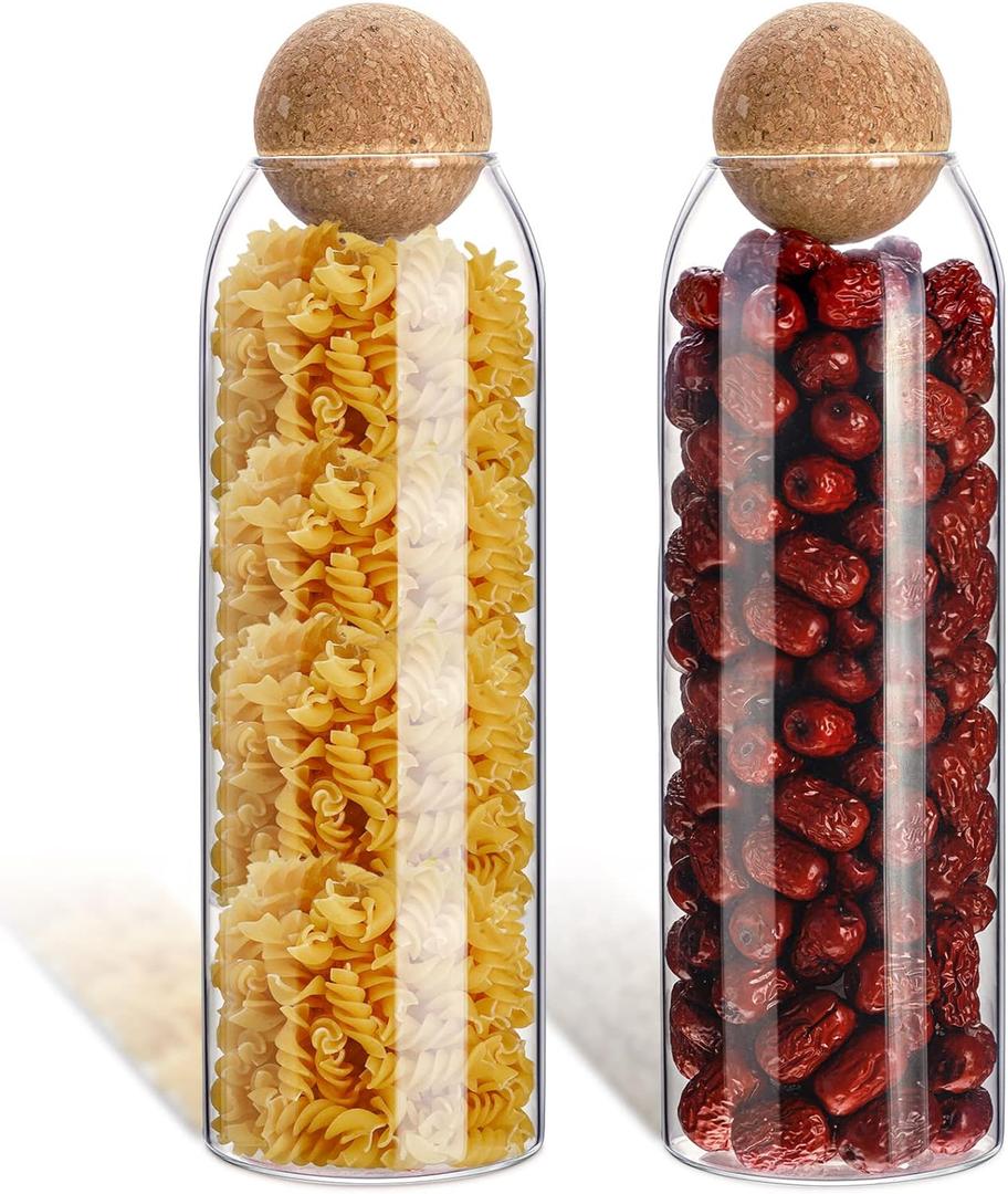 Glass Jar Set of 2- Airtight Sealed Cork Lids, Round Bottles for Coffee Beans, Nut Storage, Canisters with Wooden Cork & Ball Lids, Glass Containers