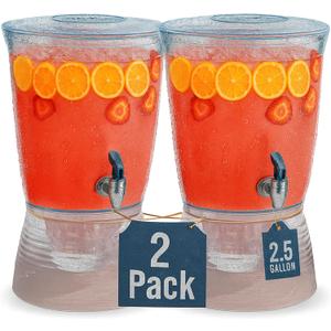 Drink Dispensers for Parties (2.5 Gallon) Large Plastic Water Dispenser for Counter Tops, No Mess, Easy to Assemble & Wash, Up to 40 Drinks (2 Pack)