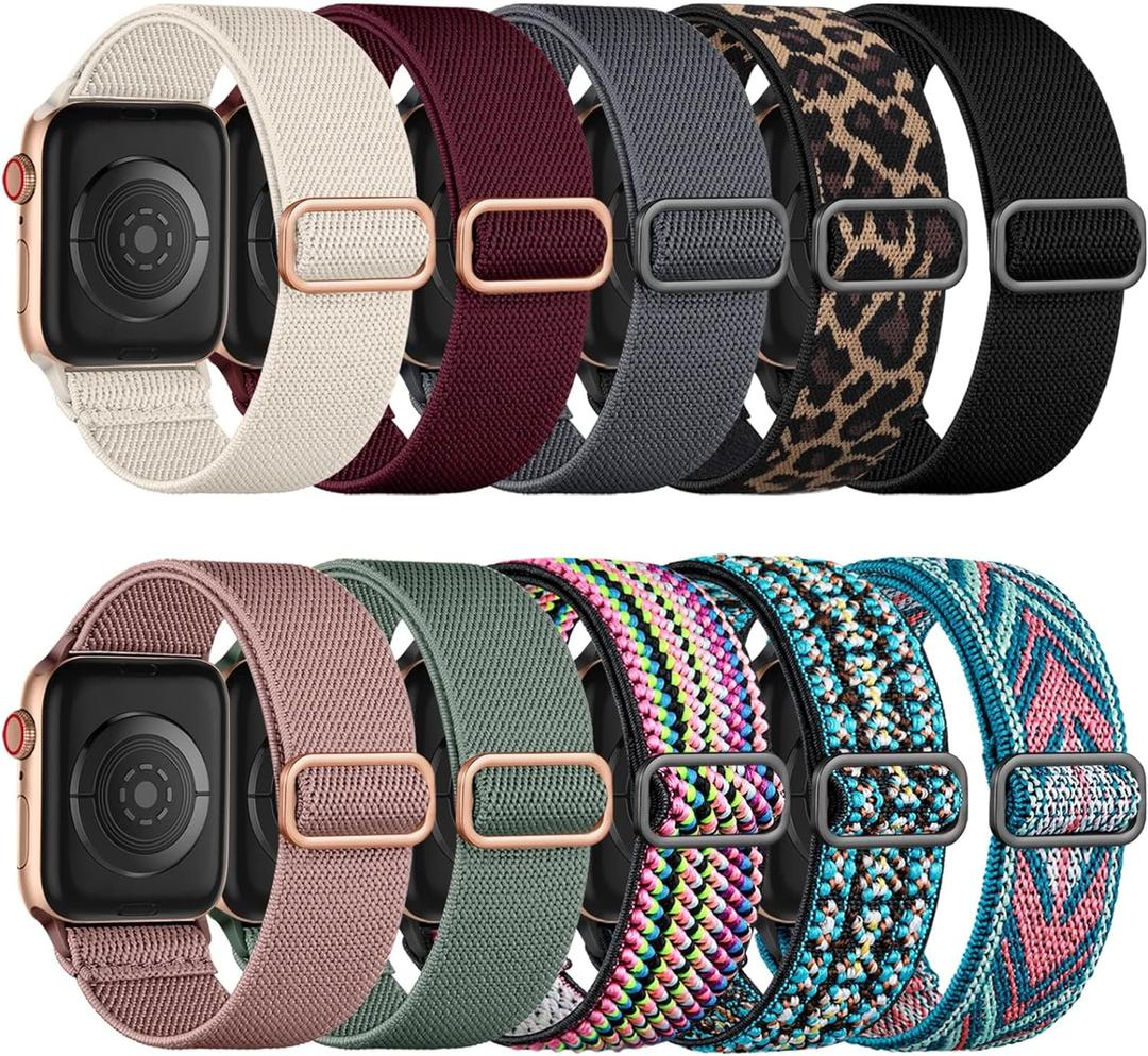 Maledan Stretchy Nylon Solo Loop Compatible with Apple Watch Bands 38/ 40/ 41/ 42mm for Women & Men, Adjustable Sport Elastic Wristband Strap for iWatch Ultra 2 Series SE/ 11/ 10/ 9 8/ 7/ 6/ 5/ 4/ 3/ 2/ 1, 10 Pack