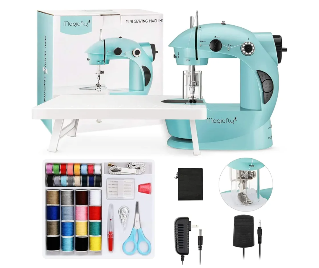 Magicfly Mini Sewing Machine with Extension Table, Dual Speed Portable Sewing Machine for Beginners with Light, Sewing Kit for Household Use, Blue