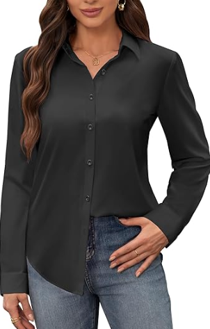 Siliteelon Button Down Dress Shirts for Women Long Sleeve Wrinkle Free Shirts Solid Work Business Formal Button Up Shirt Black M