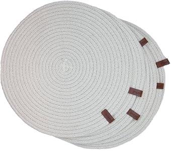 Round Placemats, Set of 6, Handmade by Braided Cotton Cord for Kitchen and Dining Table, Dia. 12.6 Inch, Doublesided, Heat Resistant, Off-White