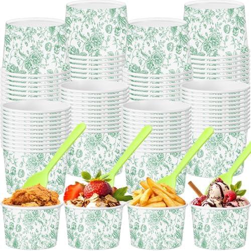 Honeydak 48 Set Floral Paper Ice Cream Cups 9 oz Disposable Treat Snack Cups with Spoons Dessert Bowls for Sundae Frozen Yogurt Soup Birthday Bridal Shower Wedding Party(Green)