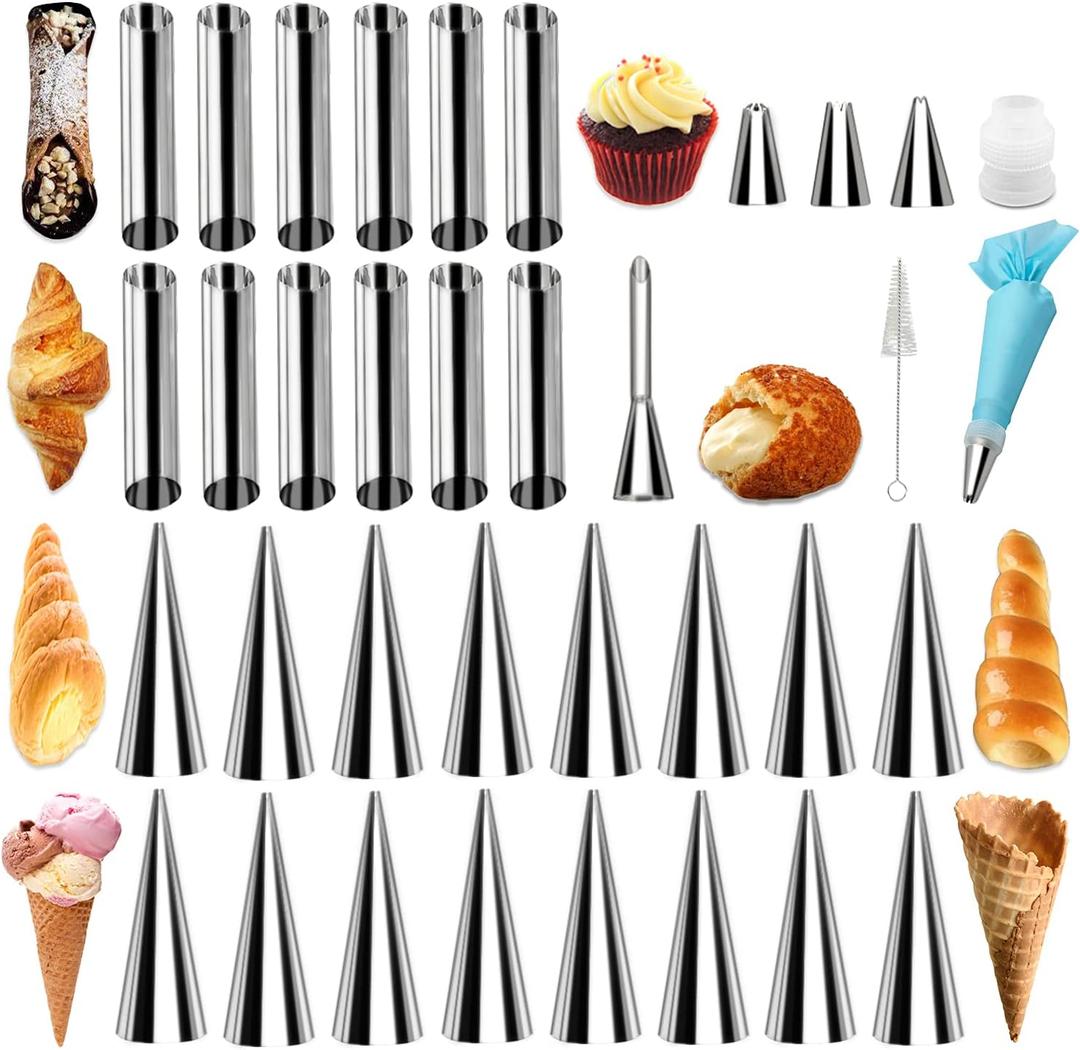 35pcs Cannoli Forms Tubes Kits, Cream Horn Mold, Non-stick Stainless Steel 16pcs Cone Shaped and 12pcs Tubular Shaped Baking Molds for Danish Pastry Lady Lock Form, Cream Roll, Croissant