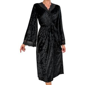 Womens Robes Sexy V Neck Long Sleeve Nightgown Loose Fit Lace-Trim Solid Color Warm Maxi Tie Winter Loungewear (Large)