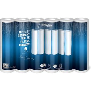 Ronaqua 20 Micron Sediment Water Filter Cartridge 10"x2.5", NSF Certified, 4-Layer Filtration for any 10-inch RO Units & Whole House Systems, Compatible with Culligan P5, AP110, WHKF-GD05, 6 Pack