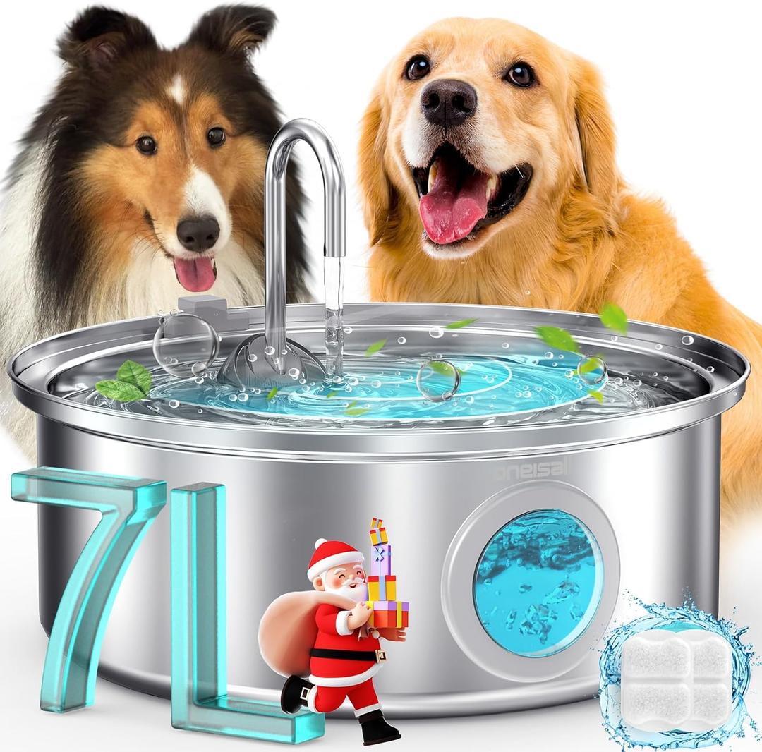 oneisall Dog Water Fountain, 7L/230oz/1.8G Quiet Dog Fountain Water Bowl, Stainless Steel Dog Water Fountain with Visual Water Level&Triple Filtration for Large Medium Small Breed Dogs Pets