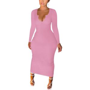 Women Sexy Two Piece Skirt Outfits Long Sleeve/Sleeveless V Neck Bodycon Ribbed Knitted Maxi Club Party Dress, Pink, XL