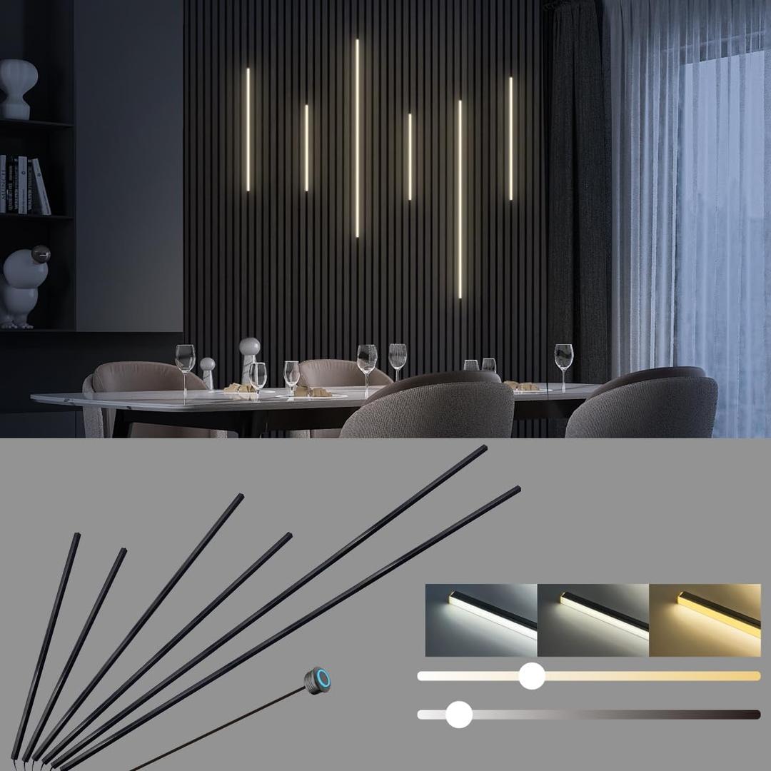 HAMRVL Black CCT LED Recessed Lighting Kit, 6 PCS Tunable 2700k-6500k Wall Panel Lights with Smart Switch, Self-Adhesive, Dimmable, for Wood Slat Wall Panels, Headboards, Stairs, Living Room, Bedroom, 18.5Inch26.7Inch41.3Inch