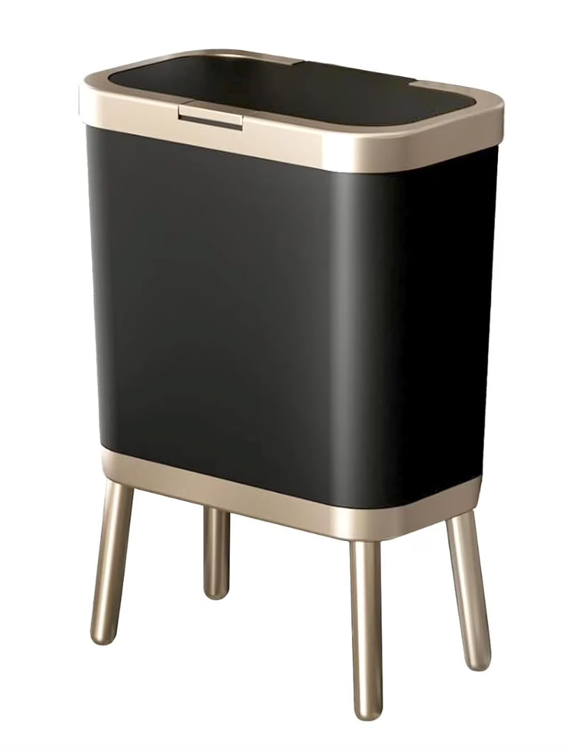 15 Liters/ 4 Gallon Black Trash Can, Small Garbage Can with Push Button Lid, Stylish Simple Human Waste Basket with Gold Edge, Cat Proof Trash Bin Container for Kitchen, Bathroom, Study Room, Bedroom