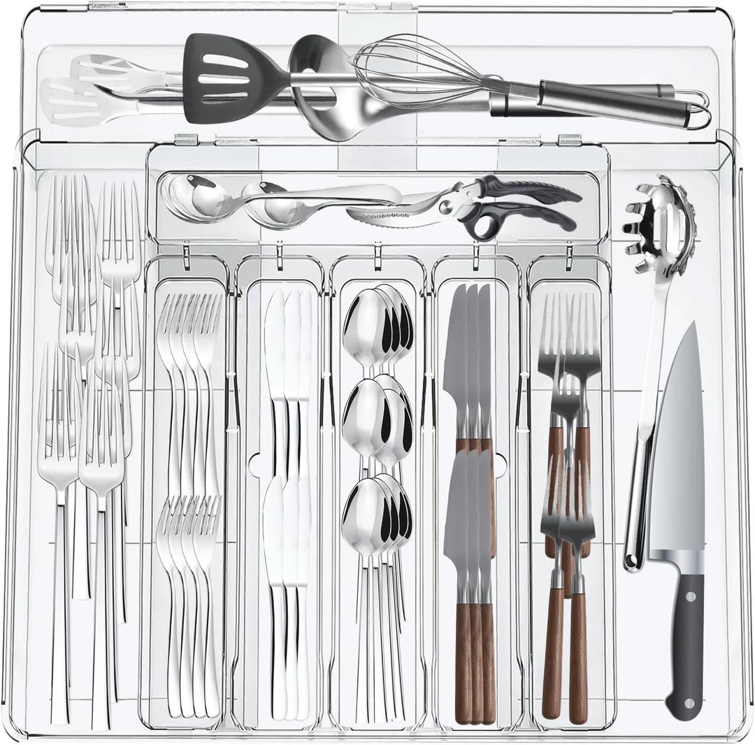 Silverware Drawer Organizer, Expandable Utensil Tray for Kitchen, Clear Plastic Cutlery Flatware Holder, Adjustable Storage Divider for Cooking Tools Forks Knives Spoons, 9 Slot