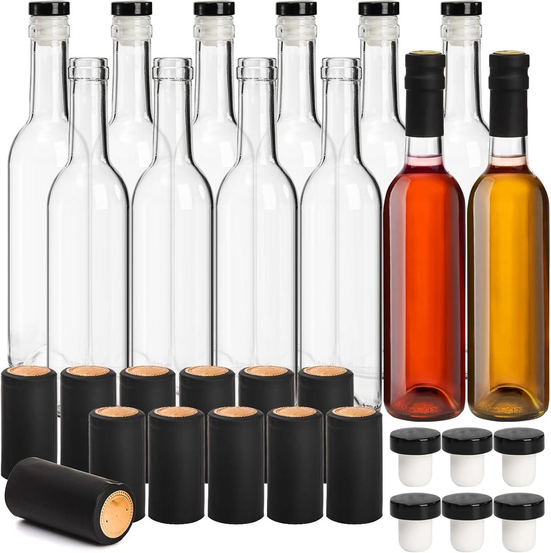 Cedilis 12 Pack Glass Wine Bottles, 12oz /375ml Bordeaux-Style Glass Bottle, Clear Empty Liquor Bottles with T-Top Caps and Shrink Capsule Cap