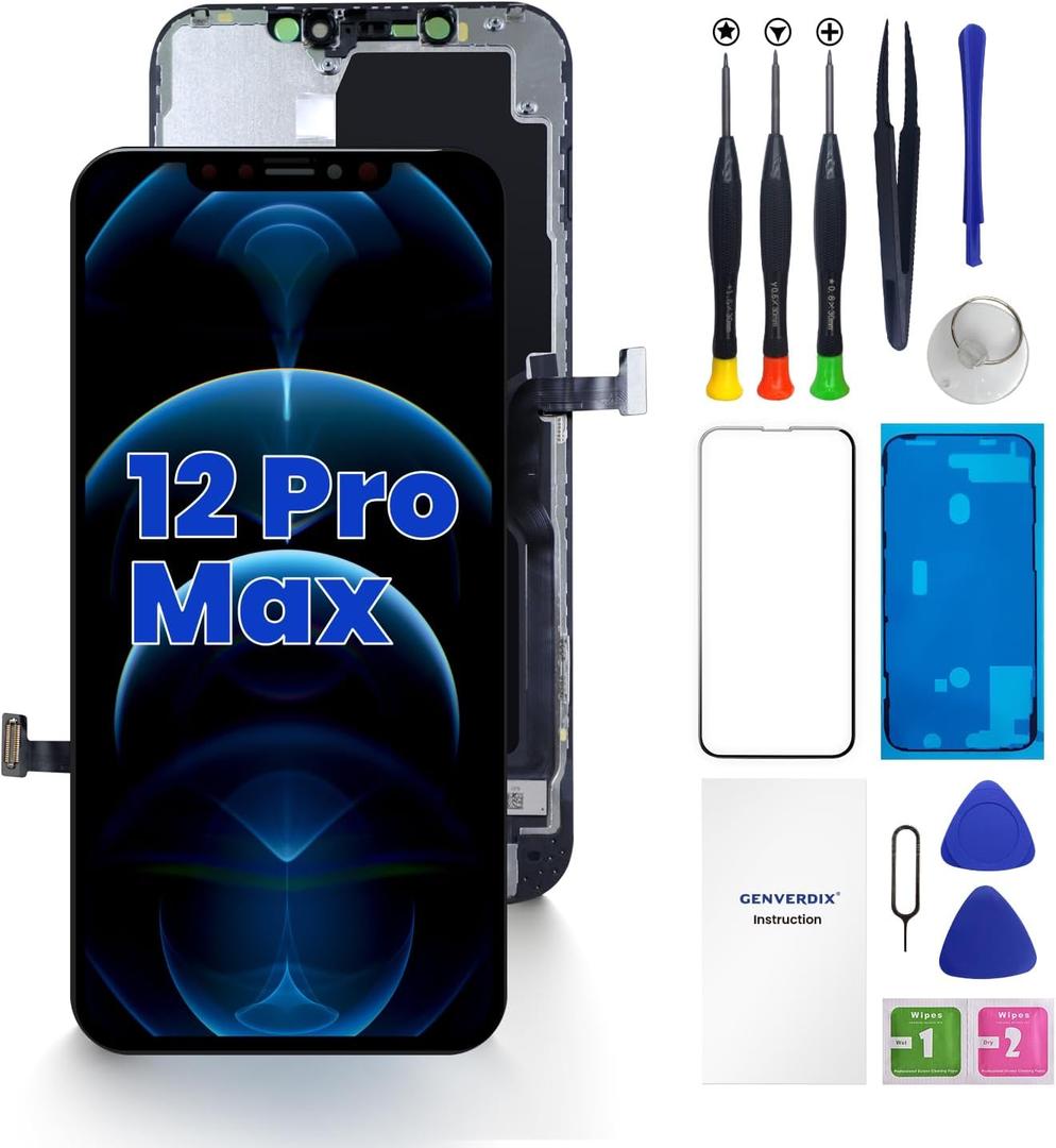for iPhone 12 Pro Max Screen Replacement, 6.7 inch 3D Touch LCD Display Full HD Repair kit, Digitizer Assembly with Tools Set, Tempered Glass Screen Protector, Waterproof Frame Adhesive
