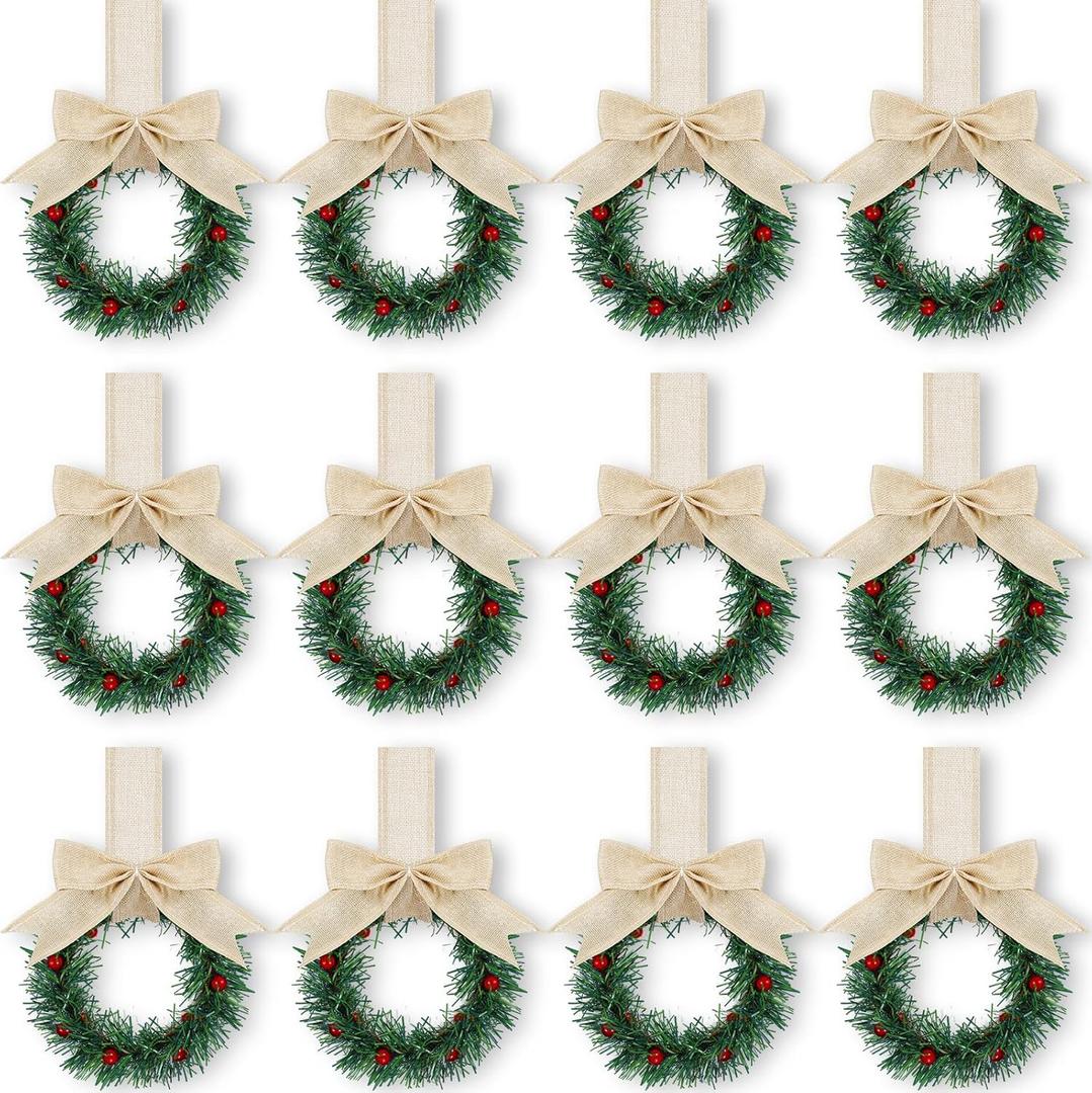 Retrowavy 12 Pcs Christmas Kitchen Cabinet Wreaths with Ribbon 3.94 Inch Mini Christmas Wreath Small Kitchen Xmas Decor for Window Door(Linen Color,Classic Style)