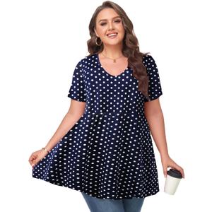 MONNURO Womens Plus Size Tops Cute Babydoll T Shirts Peplum Tunic Tops Loose Fit V-Neck Short Sleeve Blouse (Blue, 2XL)