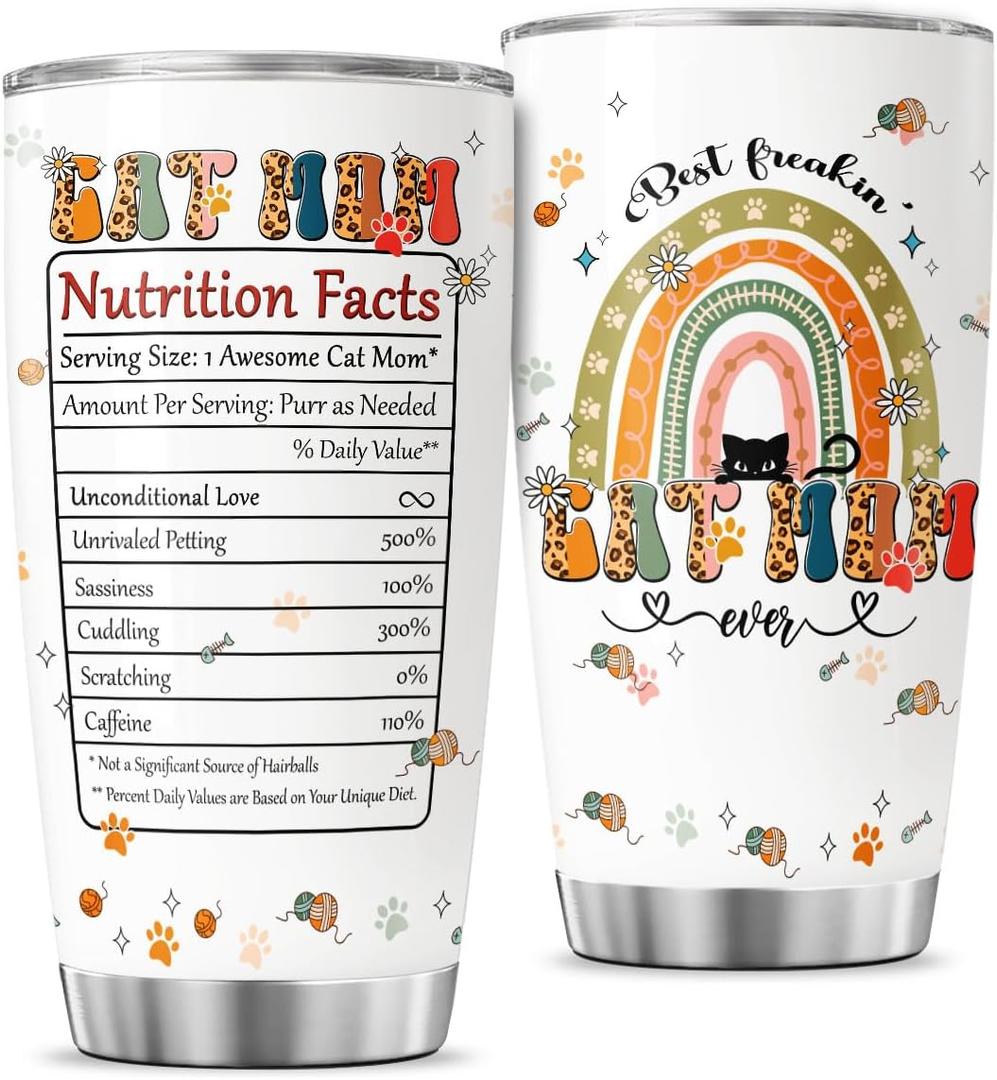 Cat Mom Nutrition Facts, Tumbler 20 Oz With Lid And Straw, Tumblers For Funny Mama Cups Best Day Coffee Mother Ever Women Mothers Handle Insulated, Mom Gifts