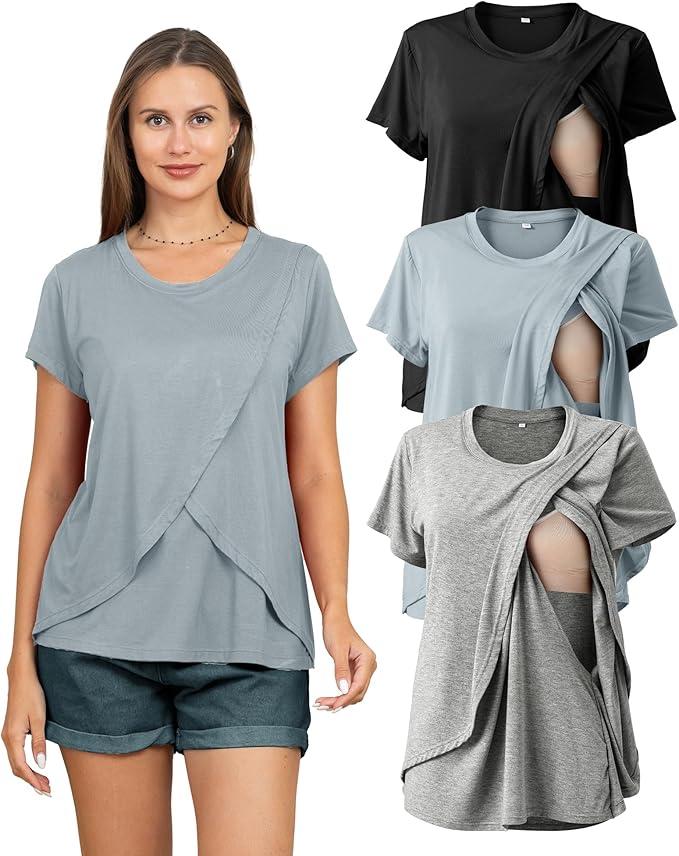 Rnxrbb Summer Maternity Nursing Shirts for Breastfeeding Tops Short Sleeve Postpartum Sets Clothes 3 Pack for Women,Black&Light Gray&Gray Blue XS