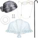 BBTO 100 Days of School Costume Old Lady Costume for Kids Granny Wig Shawl Grandma Outifits with Glasses and Accessories (Ashen Hair Style)