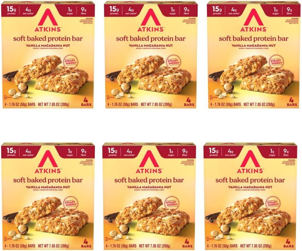 Atkins Soft Baked High Protein Bars, Vanilla Macadamia Nut Flavor, 15g Protein, 4g Net Carbs, 2g Sugar, Excellent Source of Fiber, High Protein, 6 pack (4 bars each) BB 9/15/26