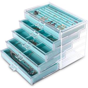 Frebeauty Extra Large Acrylic Jewelry Box for Women 5 Layers Clear Jewelry Organizer Velvet Earring Box with 5 Drawers Rings Display Case Necklaces Holder Tray for Women Girls (Turquoise)