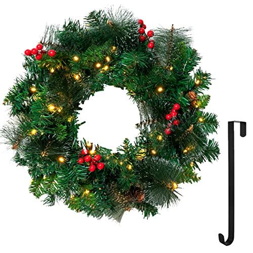 Joiedomi 20” Artificial Christmas Wreath Prelit with 15” Hanger, Decorated with 50 LED Lights, Red Berries, Pine Cones Glitter Pine Needles for Front Door Wall Christmas Decorations (Battery Operated)