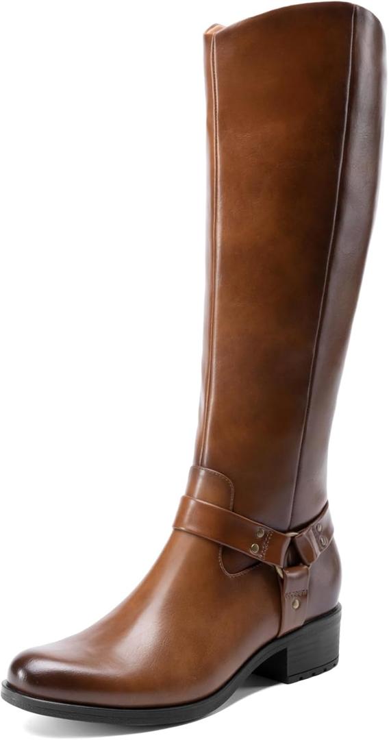 DREAM PAIRS Boots For Women Knee High, Comfortable Pull On Side Zipper Buckle Riding Boots (8, Light Brown)
