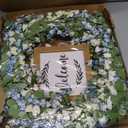 Artificial Blue Wreath for Front Door, 20 inch Artificial Leaves and White Flowers Wreath with Welcome Sign, Spring Greenery Wreaths for Front Door Wall Window Festival Decor