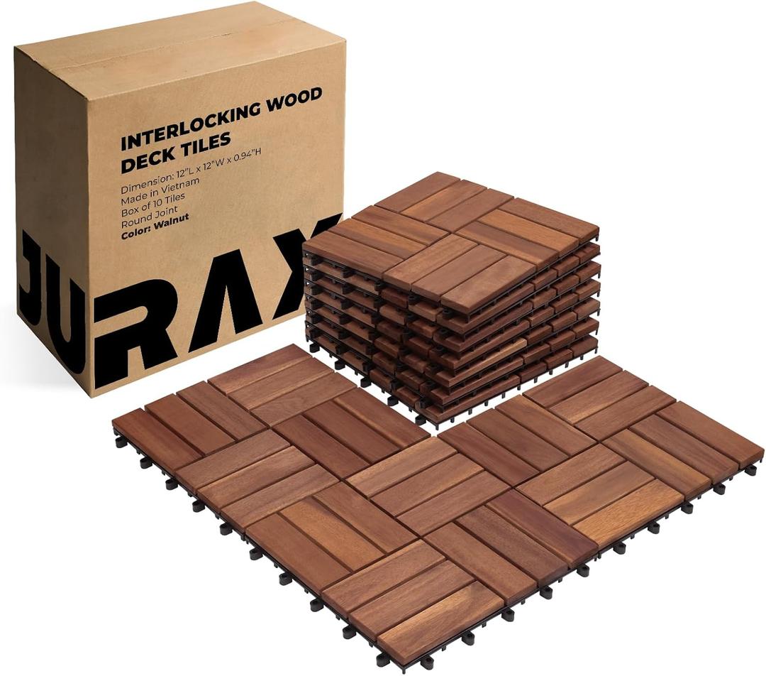 Premium Solid Wood Interlocking Deck Tiles, 10 PCs 12x12 Snap Together Patio Flooring for Outdoor, Balcony, Porch, Poolside, Waterproof All Weather (Walnut)