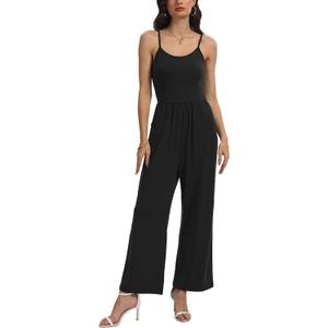STOLKISS Jumpsuit for Women Summer Casual Sleeveless Spaghetti Straps Jumpsuits Backless High Waist Wide Leg One Piece Romper, Black, XL