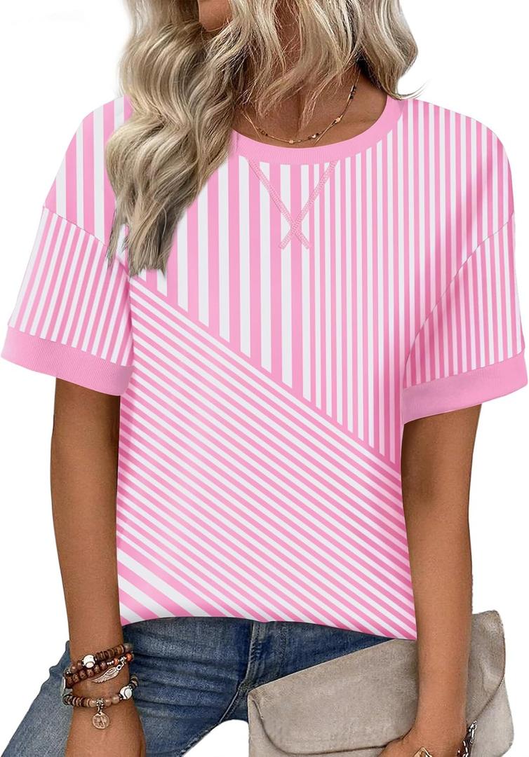 Zeagoo Womens Tops Casual Oversized Short Sleeve Sweatshirt Summer Striped Shirt Crewneck Pullover Loose T Shirts Blouse (L)