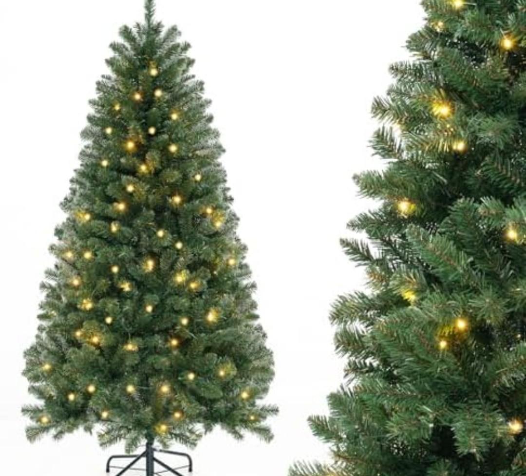 HAPPYGRILL 6 FT Pre-Lit Christmas Tree, Artificial Xmas Tree with 568 PVC Branch Tips, 200 Warm White LED Lights, 8 Lighting Modes & Gloves, Hinged Festive Tree for Home Office