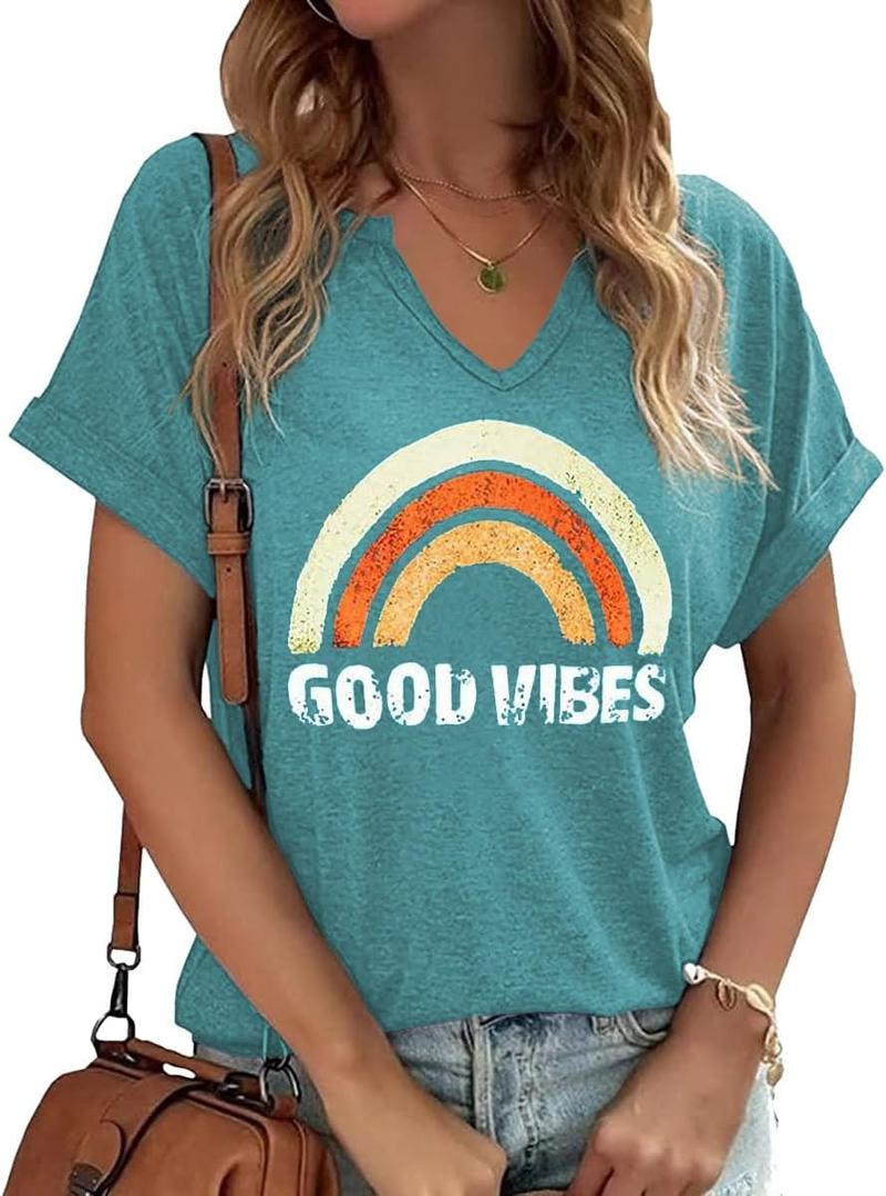 Women Good Vibes Rainbow V Neck Shirt Funny Summer Graphic Short Sleeve Tee Casual Letter Print Tops(L, G-Cyan)