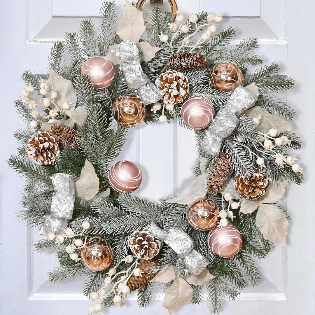 20" Christmas Wreath with Lights, Christmas Wreaths for Front Door with Bow Balls Ribbon Berries & Pine Cones Xmas Wreaths for Front Door Wall Home Outdoor Decor (1 Pcs)