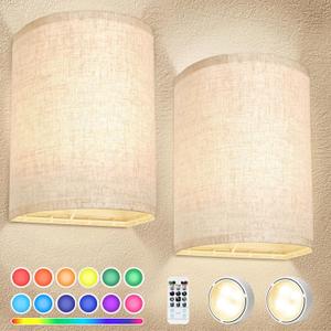 Battery Operated Wall Sconces Set of Two, 18 RGB Colors Stick on Wall Lights with Remote, Changeable Dimmable Height Fabric Battery Powered Wall Lights for Bedroom Living Room Hallway