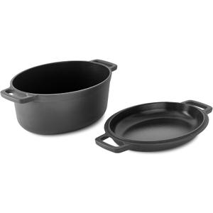 DASH Zakarian by Dash 6 Qt Nonstick Cast Iron Double Dutch Oven, Oval Pot with 2-in-1 Skillet Lid, Black