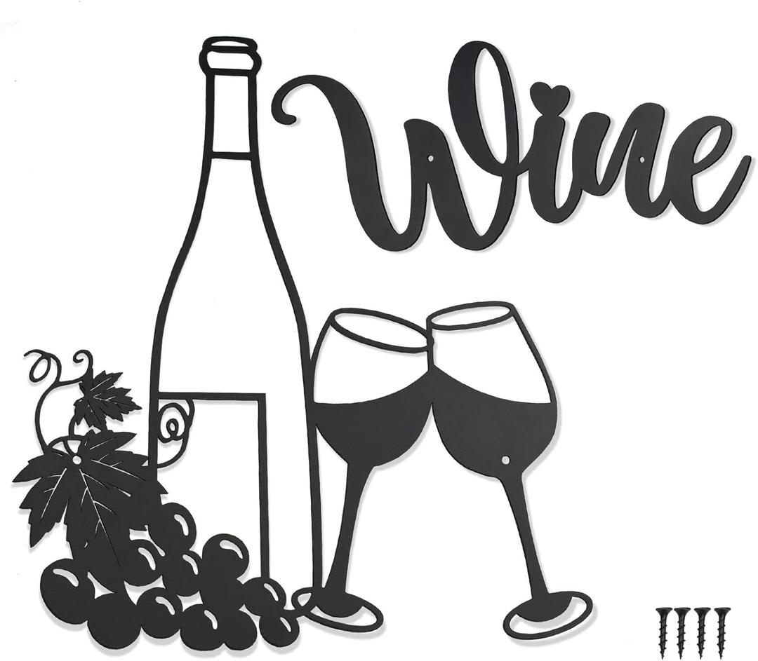 Kitchen Wine Theme Wall Decor, Modern Black Metal Wine signs Wall Art Decoration, Wine Glasses Bottle Grape Wall Hanging Sculpture for Indoor Outdoor Restaurant Bar Home (Black)