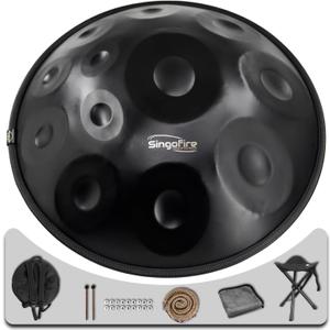"SINGOFIRE" 12-Notes Handpan Drum, Handpan Drums for Adults, 22-Inch 440Hz D Minor Kurd Handpan, HandPan Instrument with Soft Handpan Bag, 2 Handpan Mallets, Handpan Stand and Dust-Free Cloth (Black)