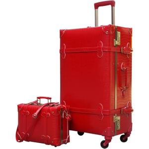 urecity Vintage Luggage Set of 2, Retro Suitcase Trunk with Wheels for Men and Women, Cute Designer Travel Luggage Set with Boarding Tote, Luggage Zipperless TSA Approved (Red)