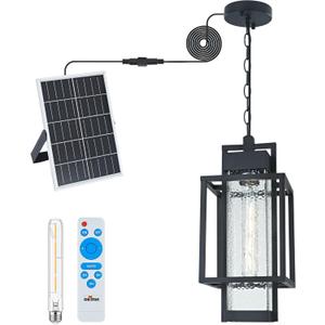 Solar Outdoor Chandelier, Dusk to Dawn Outdoor Pendant Light with Bubble Glass and Adjustable Chain, Remote Control, Black Exterior Hanging Front Porch Lantern Light for Gazebo, 2375/1HLS (6.5" W-Solar Powered)