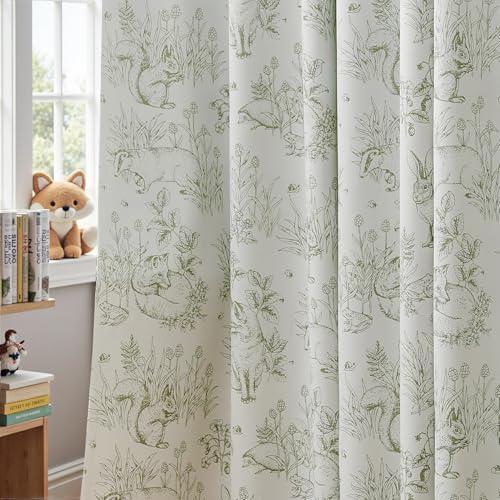 Jinchan Blackout Nursery Curtains 72 Inches Long, Bunny Woodland Toile Easter Decor Curtain Sage Green Animal Printed Drapes for Bedroom Spring Decoration Farmhouse Window Drape 2 Panels