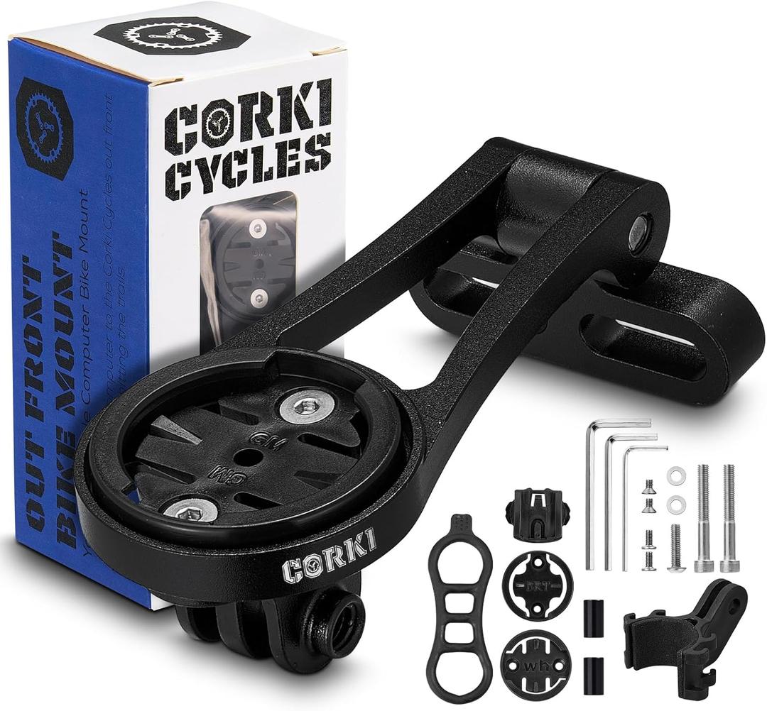 corki Cycles Adjustable Angle Out Front Stem Mounted Cycle Computer Bike Mount Compatible with Garmin Wahoo Bryton Cateye