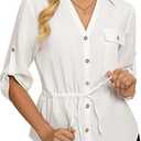 GRACE KARIN Womens Button Down Shirts, 3/4 Sleeve Dressy Casual Outifts, V Neck Peplum Tops with Pockets, Ivory L