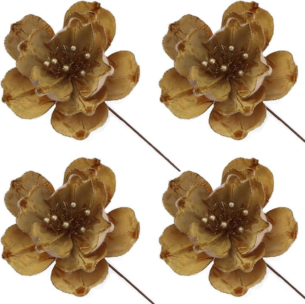 4 Pack Artificial Magnolia Flowers for Christmas Party - 9Inch Glitter Gold Magnolia Flower Picks with Stems for Xmas Tree Holiday Party