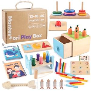Wooderma Wooden Montessori Toys for 1+ Year Old, 9 in 1 Learning Educational Toys, Wooden Toy with 3 in 1 Educational Box, Pound Bench, Shape Puzzle, Cloth Books, Fishbone Matching, Ring Stacker Toy