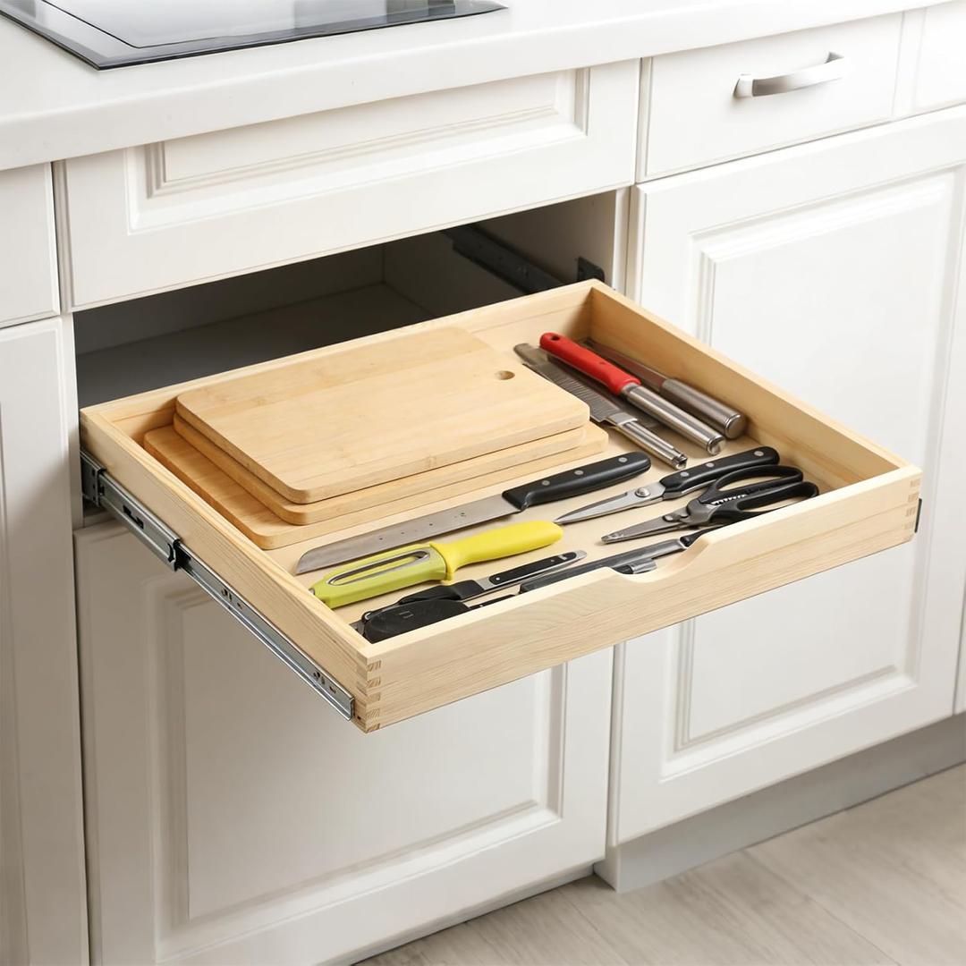 Soft Close Wood Pull-Out Cabinet Drawer, 23", Fits 24"+ Opening | Measure First | Clear-Coated Wood | Full-Extension Slides | Kitchen, Pantry, Bath